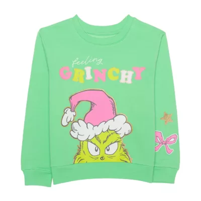 Little & Big Kid Girls Crew Neck Fleece Long Sleeve Grinch Sweatshirt