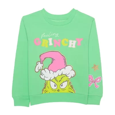 Little & Big Kid Girls Crew Neck Fleece Long Sleeve Grinch Sweatshirt