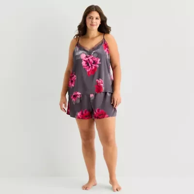 Ambrielle Womens Satin V-Neck 2-pc. Plus Pajama Sets