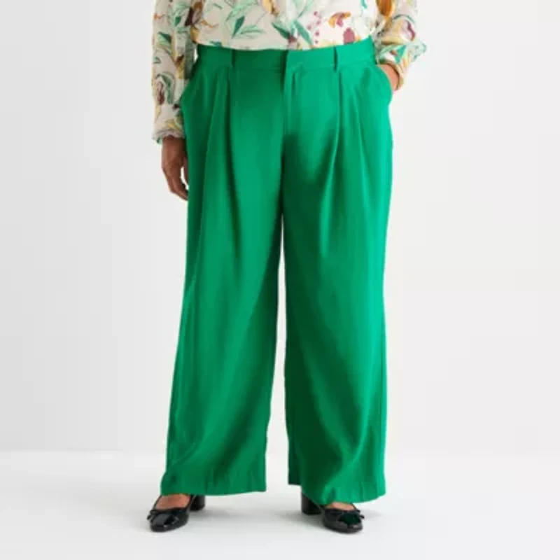 Liz Claiborne Womens Plus Wide Leg Mid Rise Pull-On Pant