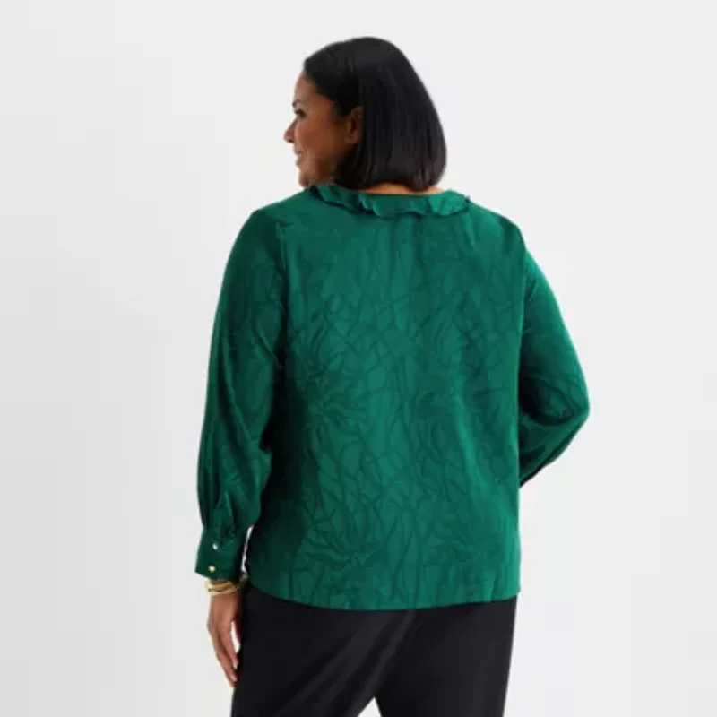 Liz Claiborne Womens Plus V Neck Long Sleeve Blouse