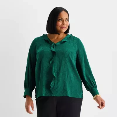 Liz Claiborne Womens Plus V Neck Long Sleeve Blouse