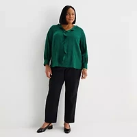 Liz Claiborne Womens Plus V Neck Long Sleeve Blouse