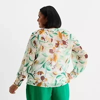 Liz Claiborne Womens Plus V Neck Long Sleeve Blouse
