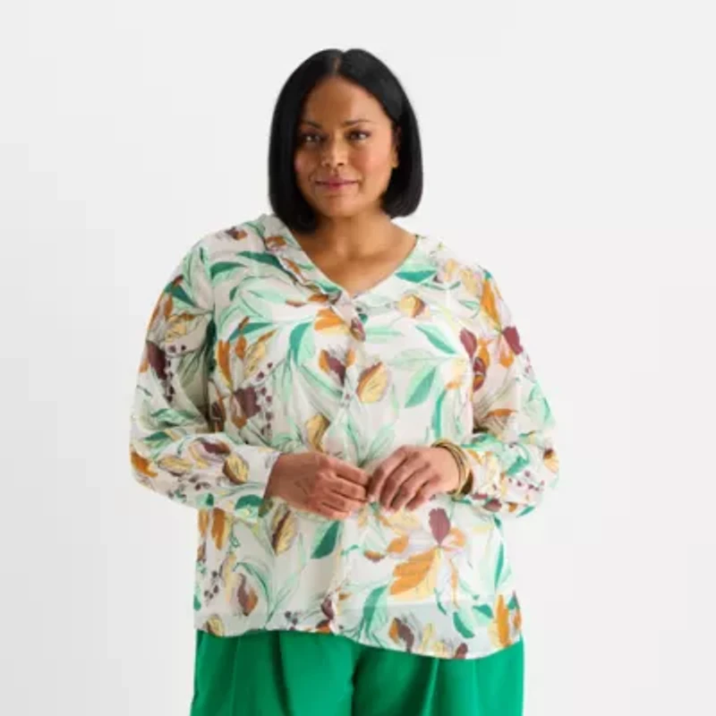 Liz Claiborne Womens Plus V Neck Long Sleeve Blouse