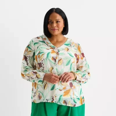 Liz Claiborne Womens Plus V Neck Long Sleeve Blouse