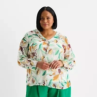 Liz Claiborne Womens Plus V Neck Long Sleeve Blouse