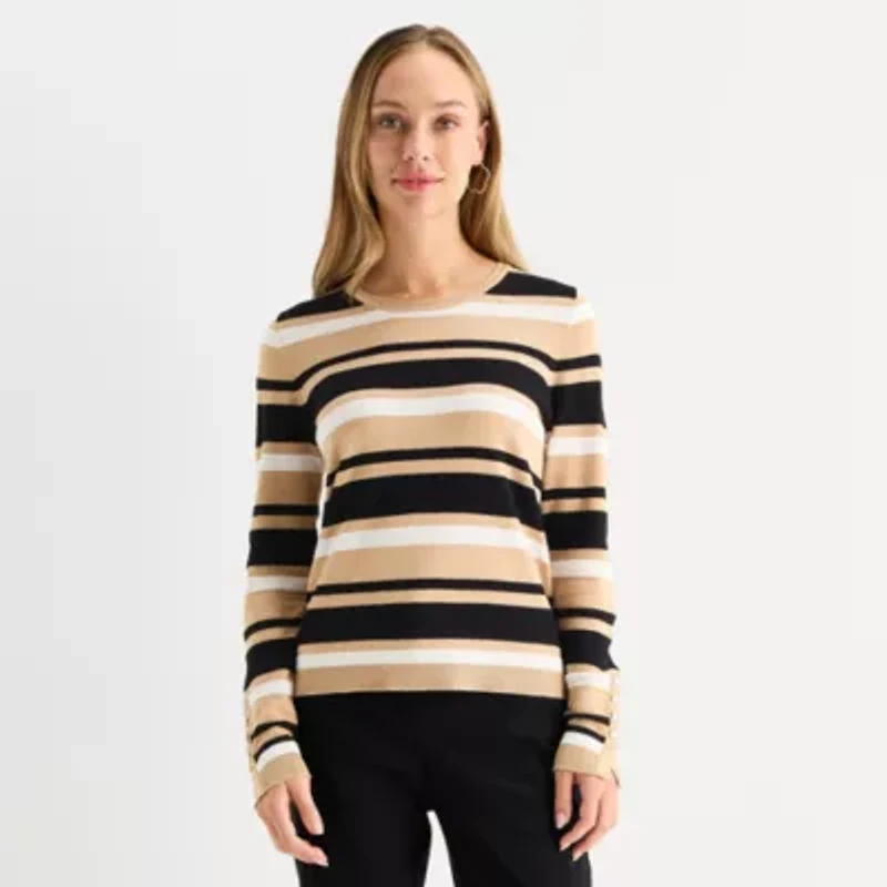 Liz Claiborne Tall Womens Round Neck Long Sleeve Striped Pullover Sweater