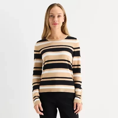 Liz Claiborne Tall Womens Round Neck Long Sleeve Striped Pullover Sweater