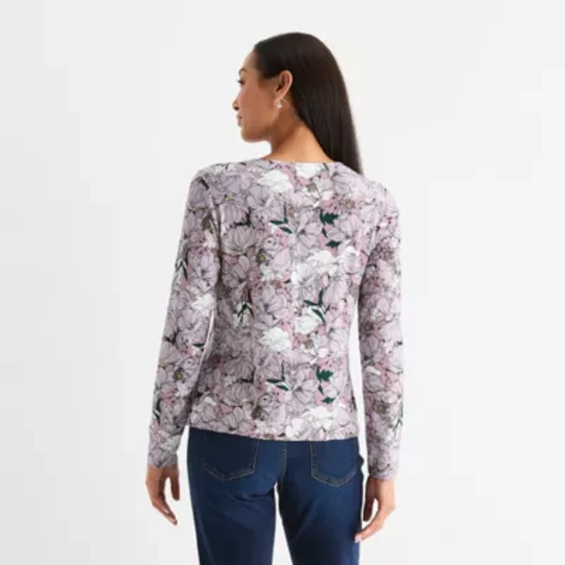 Liz Claiborne Womens Round Neck Long Sleeve Blouse