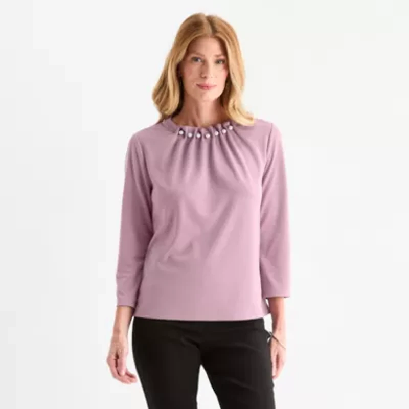 Liz Claiborne Womens Petite Crew Neck 3/4 Sleeve Blouse