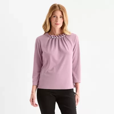 Liz Claiborne Womens Petite Crew Neck 3/4 Sleeve Blouse