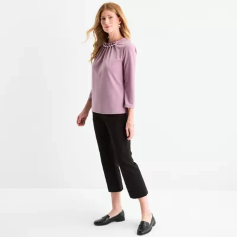 Liz Claiborne Womens Petite Crew Neck 3/4 Sleeve Blouse