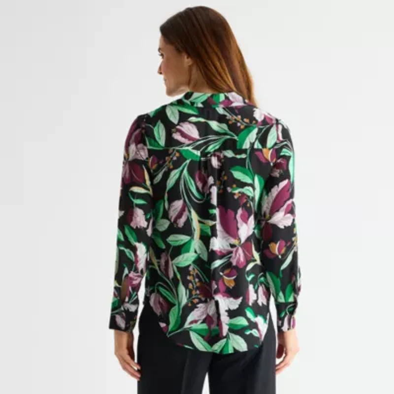 Liz Claiborne Womens Fitted Sleeve Long Regular Fit Button-Down Shirt