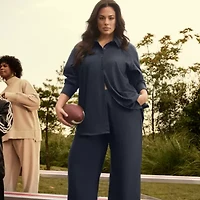 Ashley Graham Pinstripe Womens Plus Long Sleeve Relaxed Fit Button-Down Shirt