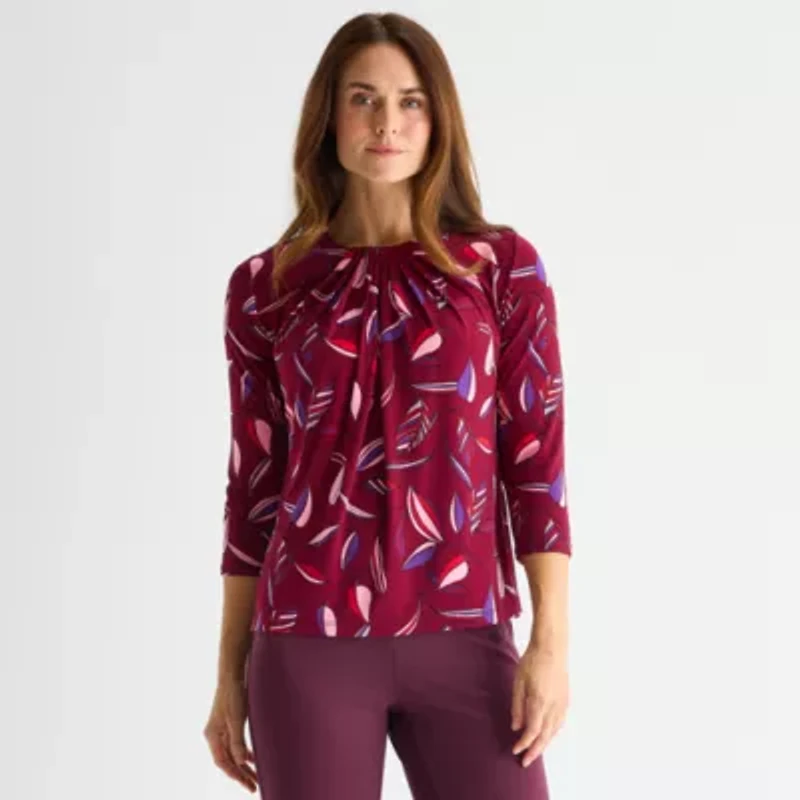 Liz Claiborne Womens Plus Crew Neck 3/4 Sleeve Blouse