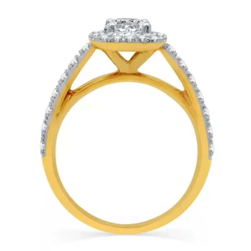 (H-I / I1) Womens 2 CT. T.W. Lab Grown White Diamond 10K Gold Round Cushion Side Stone Halo Bridal Set