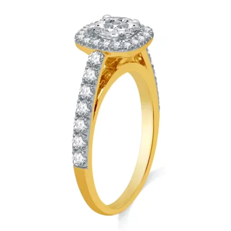 (H-I / I1) Womens 2 CT. T.W. Lab Grown White Diamond 10K Gold Round Cushion Side Stone Halo Bridal Set