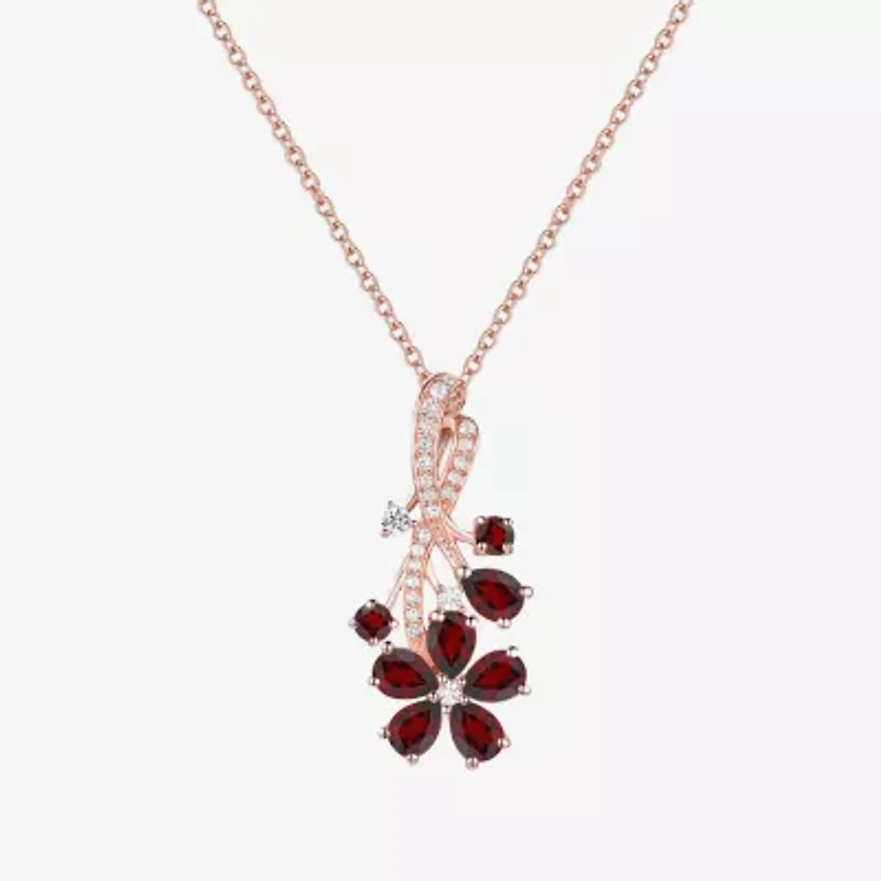Womens Genuine Red Garnet 14K Rose Gold Over Silver Flower 18 Inch Pendant Necklace
