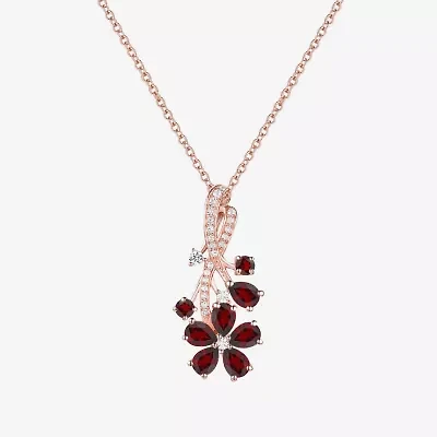 Womens Genuine Red Garnet 14K Rose Gold Over Silver Flower 18 Inch Pendant Necklace