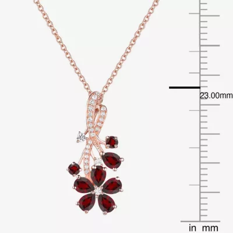 Womens Genuine Red Garnet 14K Rose Gold Over Silver Flower 18 Inch Pendant Necklace