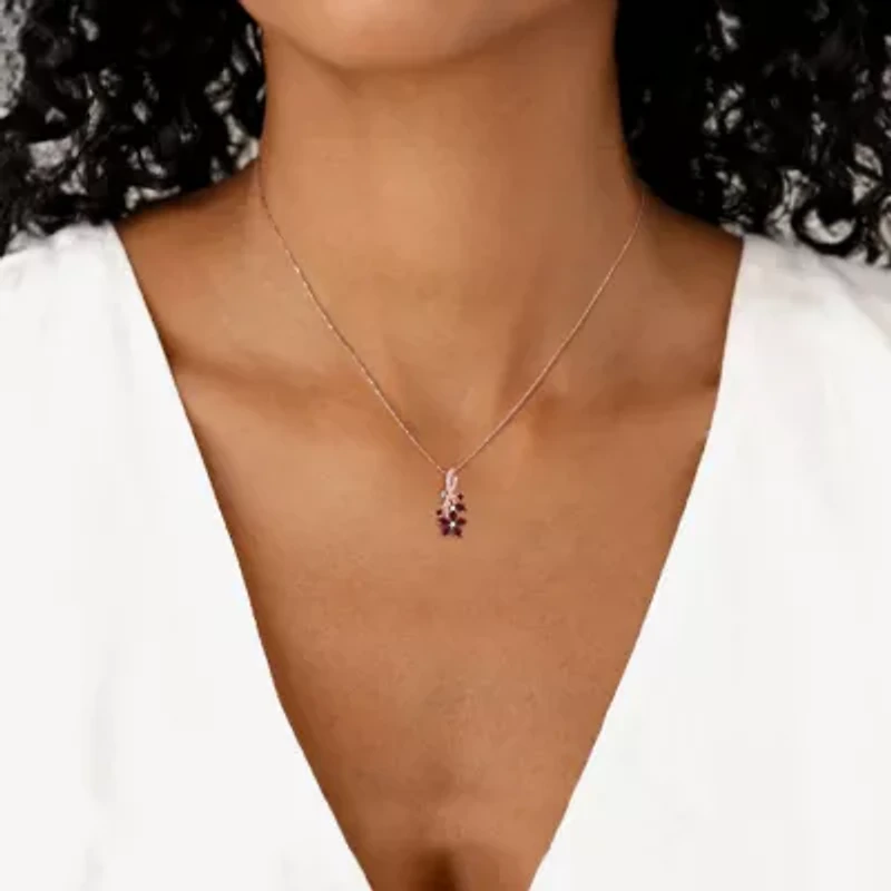 Womens Genuine Red Garnet 14K Rose Gold Over Silver Flower 18 Inch Pendant Necklace