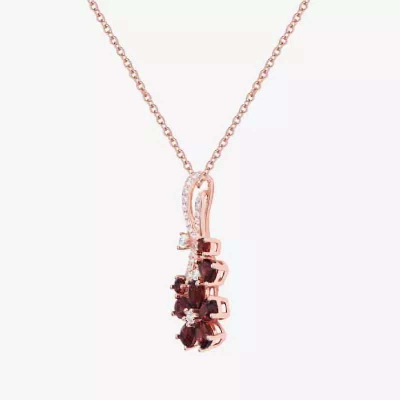 Womens Genuine Red Garnet 14K Rose Gold Over Silver Flower 18 Inch Pendant Necklace