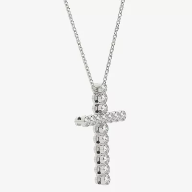 Floating Diamonds (F / Vs2) Womens 1 CT. T.W. Lab Grown White Diamond 14K White Gold Cross 18 Inch Pendant Necklace