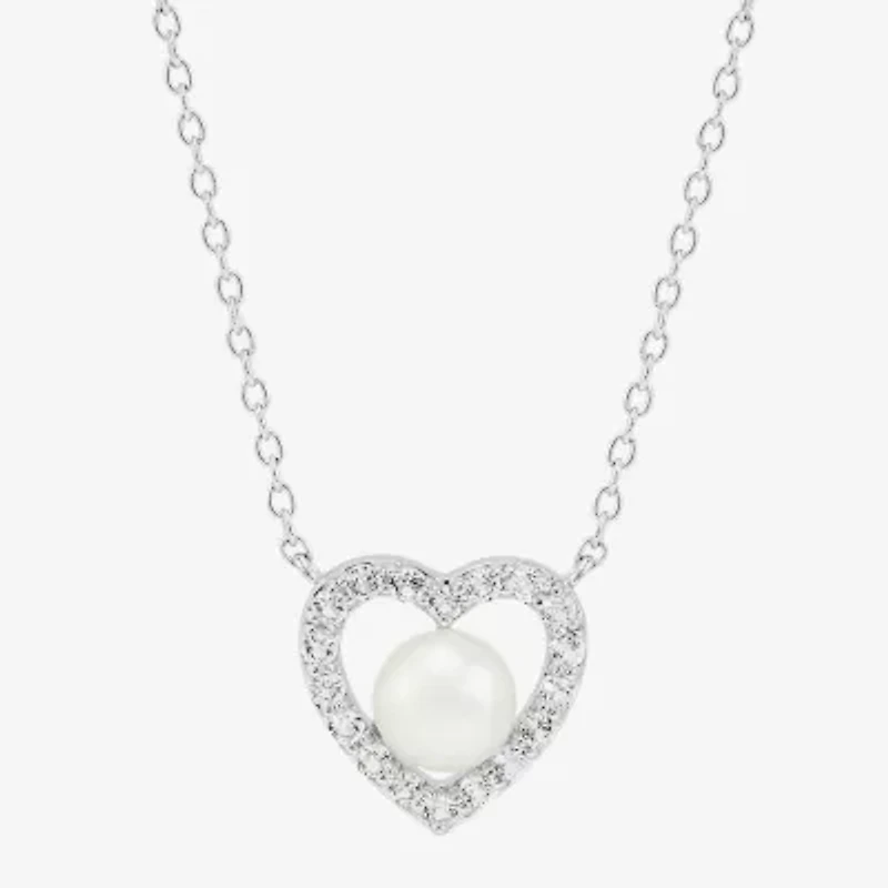 Womens White Cultured Freshwater Pearl Sterling Silver Heart 18 Inch Pendant Necklace