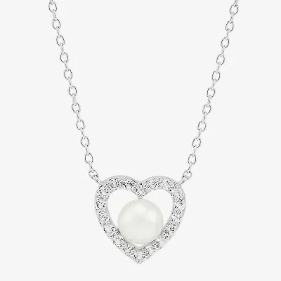 Womens White Cultured Freshwater Pearl Sterling Silver Heart 18 Inch Pendant Necklace