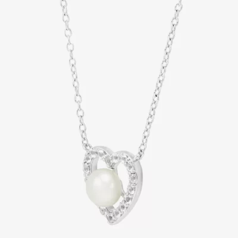 Womens White Cultured Freshwater Pearl Sterling Silver Heart 18 Inch Pendant Necklace