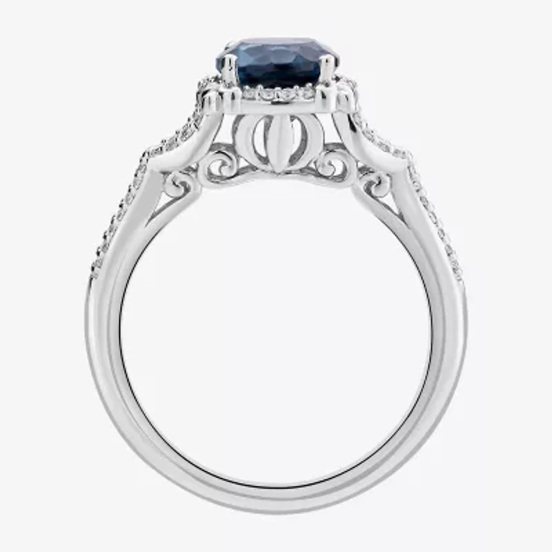 Enchanted Disney Fine Jewelry Womens 1/5 CT. Lab Created Blue Topaz Sterling Silver Cinderella Side Stone Solitaire Cocktail Ring