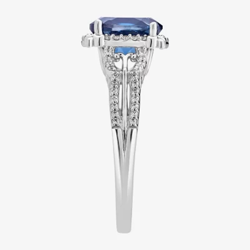 Enchanted Disney Fine Jewelry Womens 1/5 CT. Lab Created Blue Topaz Sterling Silver Cinderella Side Stone Solitaire Cocktail Ring