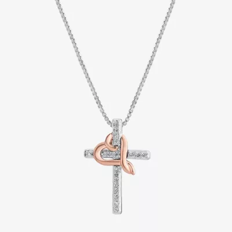 Hallmark Diamonds Womens Diamond Accent Natural White Diamond 14K Two Tone Gold Over Silver Cross Heart 18 Inch Pendant Necklace