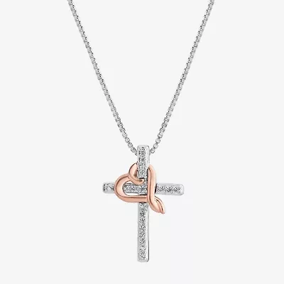 Hallmark Diamonds Womens Diamond Accent Natural White Diamond 14K Two Tone Gold Over Silver Cross Heart 18 Inch Pendant Necklace