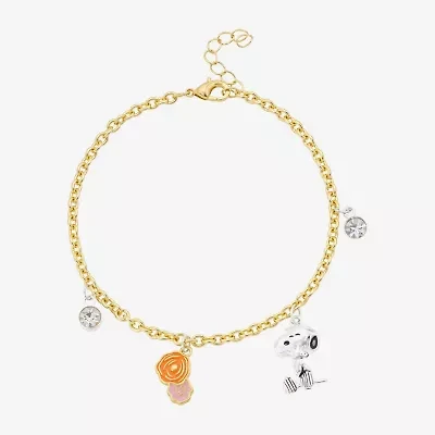 Disney Classics Womens Crystal 10K Gold Over Brass Flower Peanuts Snoopy Charm Bracelet
