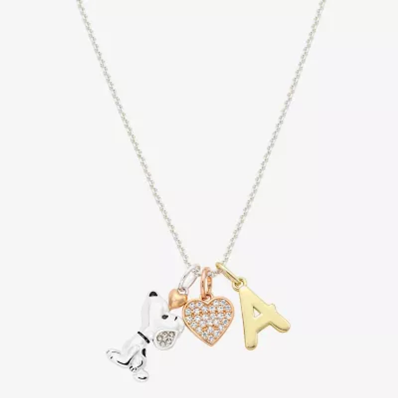 Peanuts Initial Womens Cubic Zirconia 10K Gold Over Brass Pure Silver Heart 16 Inch Charm Pendant Necklace