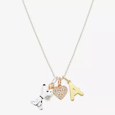 Peanuts Initial Womens Cubic Zirconia 10K Gold Over Brass Pure Silver Heart 16 Inch Charm Pendant Necklace