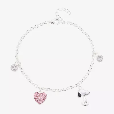 Womens Crystal Pure Silver Over Brass Heart Peanuts Snoopy Charm Bracelet