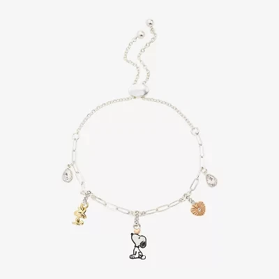 Womens Crystal 10K Gold Over Brass 10K Rose Gold Over Silver Heart Peanuts Snoopy Charm Bracelet