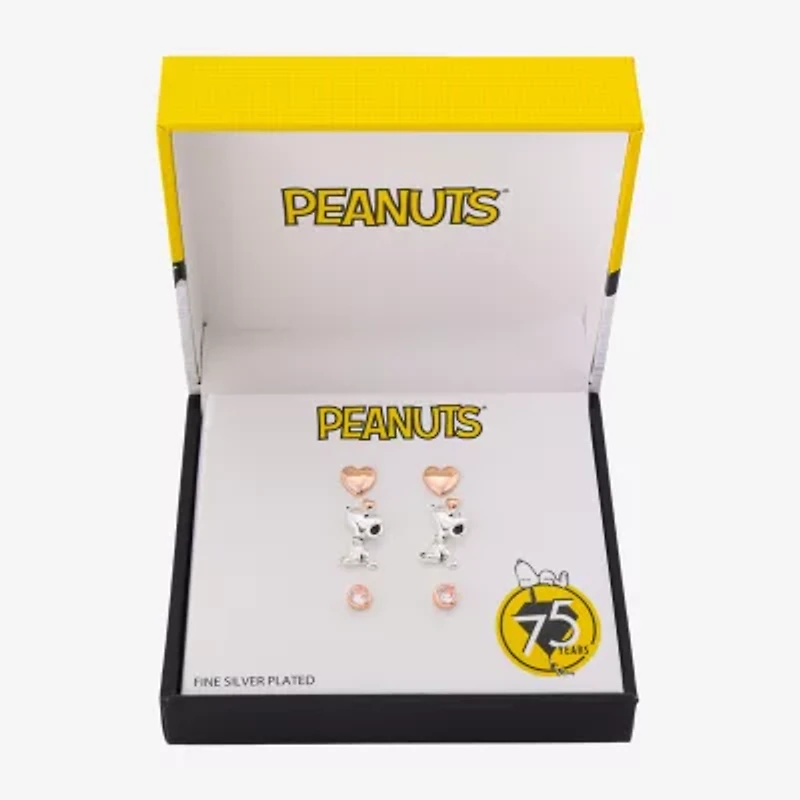 Womens Cubic Zirconia 10K Gold Over Brass Heart Round Peanuts Snoopy 3 Pair Earring Set