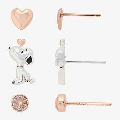 Womens Cubic Zirconia 10K Gold Over Brass Heart Round Peanuts Snoopy 3 Pair Earring Set