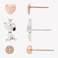 Womens Cubic Zirconia 10K Gold Over Brass Heart Round Peanuts Snoopy 3 Pair Earring Set