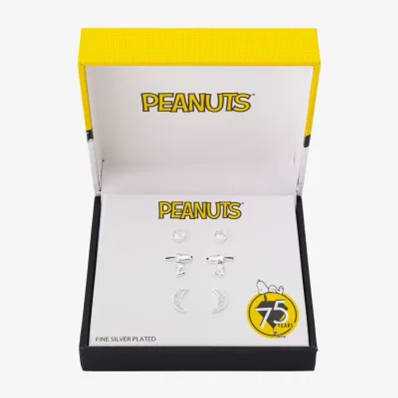 Womens Cubic Zirconia Moon Round Peanuts Snoopy 3 Pair Earring Set