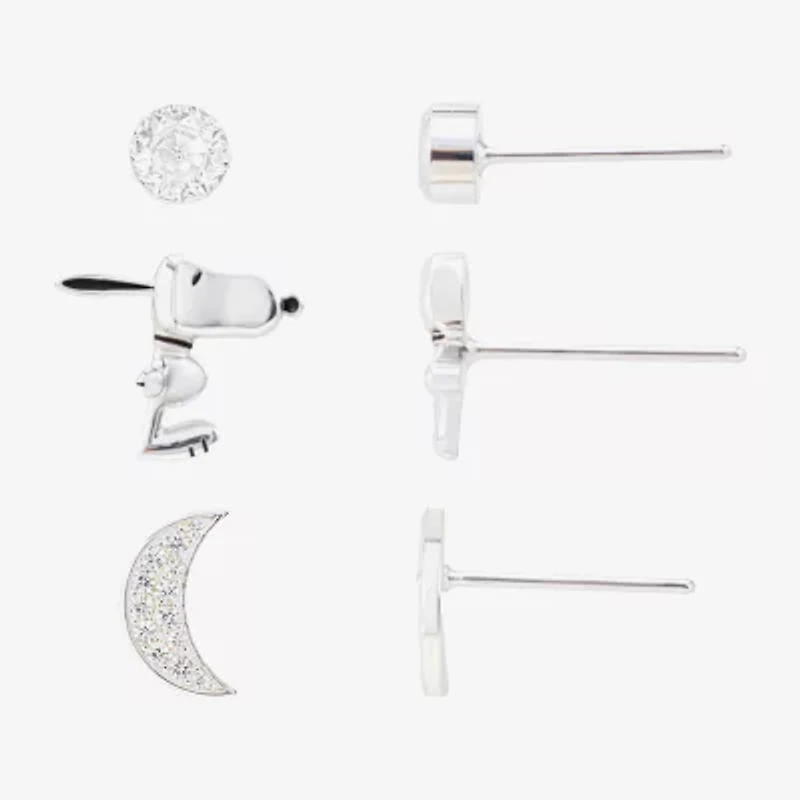 Womens Cubic Zirconia Moon Round Peanuts Snoopy 3 Pair Earring Set