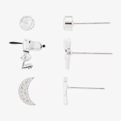 Womens Cubic Zirconia Moon Round Peanuts Snoopy 3 Pair Earring Set