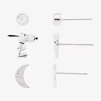 Womens Cubic Zirconia Moon Round Peanuts Snoopy 3 Pair Earring Set