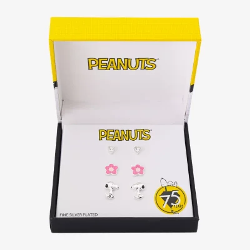 Womens Crystal Flower Heart Peanuts Snoopy 3 Pair Earring Set
