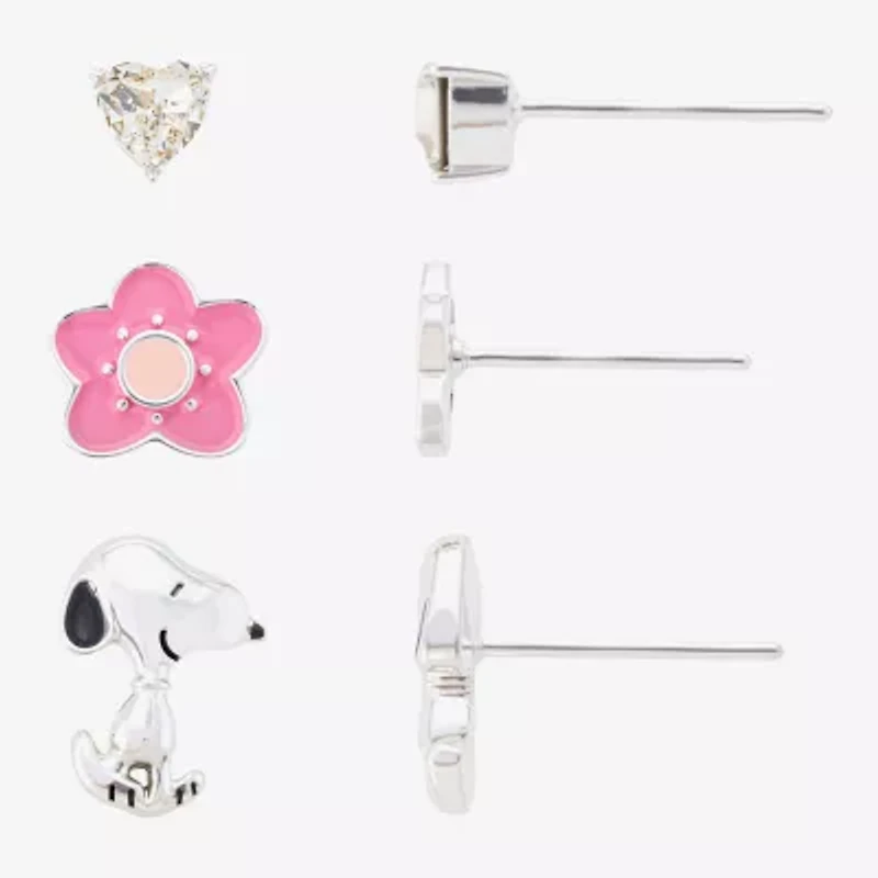 Womens Crystal Flower Heart Peanuts Snoopy 3 Pair Earring Set