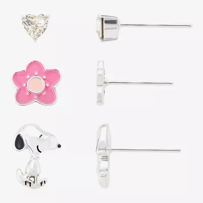 Womens Crystal Flower Heart Peanuts Snoopy 3 Pair Earring Set